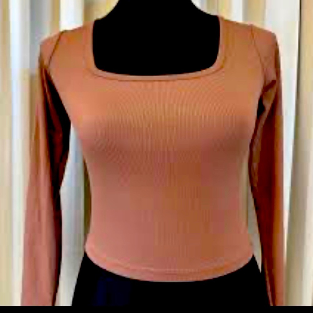 Brown size small square neck long sleeve crop top new with rafts NWT
